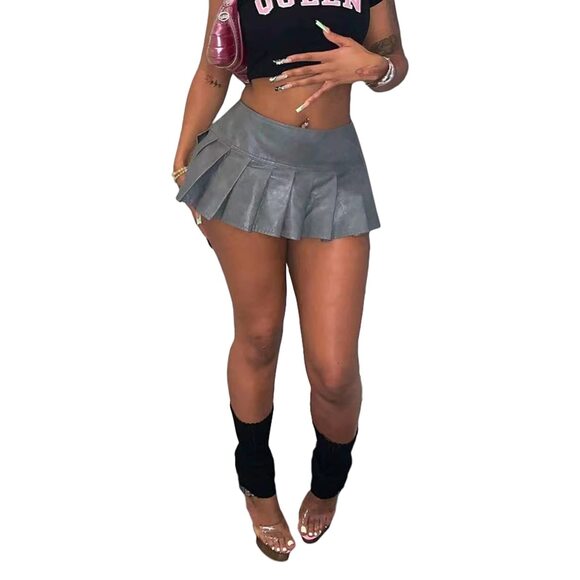 Dresses & Skirts - 1342 Sexy Y2K Pu Leather Skirt High Wiast Stretchy Cute Mini Pleated Short
